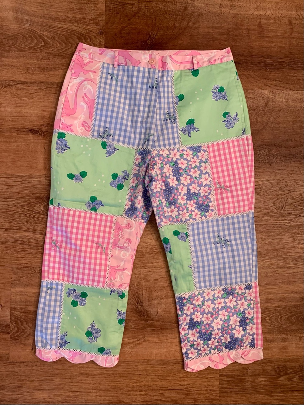Lilly Pulitzer Vintage White Label Patchwork Lined Pockets Scallop Hem Crops S 6